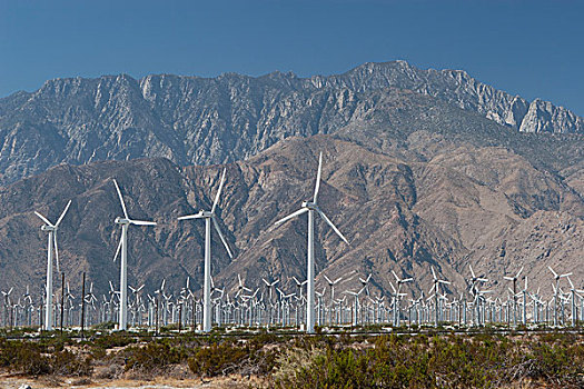 大,风车,农场,荒芜,山,远景,蓝天,棕榈泉,加利福尼亚,美国