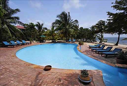 折叠躺椅,挨着,游泳池,酒店,伯利兹,中美洲,加勒比海