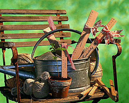 老,花园椅,洒水壶,木质,尺子