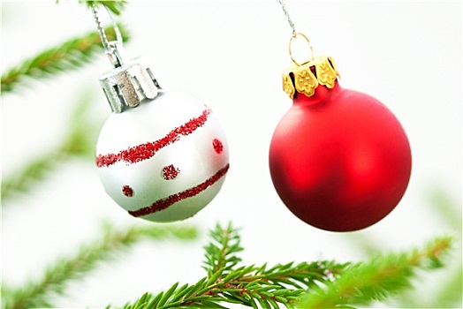 圣诞节,冷杉,枝条,两个,银,红色,彩球