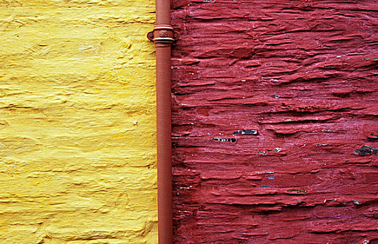 英国,威尔士,德韦达郡,特写,石头,墙壁,涂绘,黄色,一个,赭色,排水管,红色