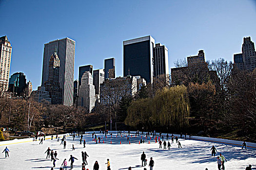 许多人,滑冰,高,纽约,建筑,背景