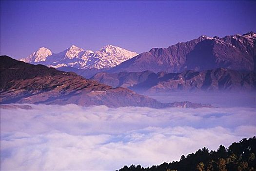 尼泊尔,纳加阔特,远景,中心,喜马拉雅山,山坡,云量,仰视,紫色,微暗,亮光