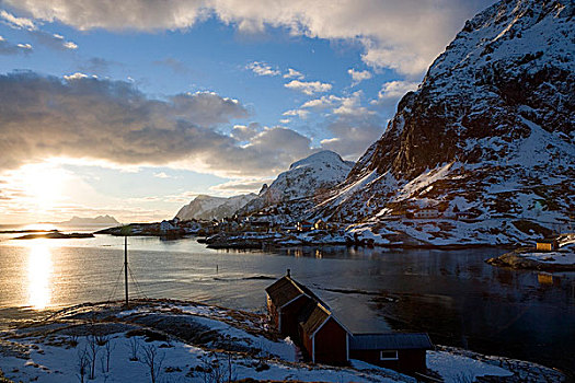 风景,湾,山,日落,罗浮敦群岛,挪威