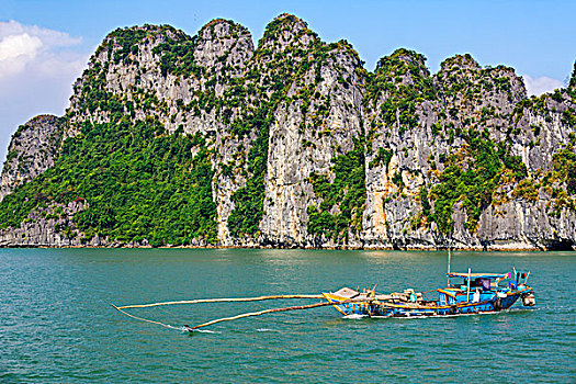 越南,广宁省,下龙湾,传统,木质,渔船,石灰岩,岛屿,壮观,世界遗产