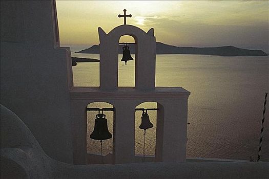 教堂,钟楼,日落,地中海,锡拉岛,希腊,欧洲,岛屿