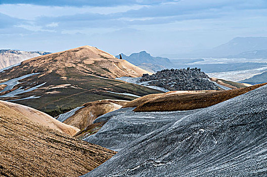 山,靠近,兰德玛纳,彩色,流纹岩,山峦,溶岩穹窿,火山灰,喷发,火山,雪,风景,远足,小路,局部,小屋