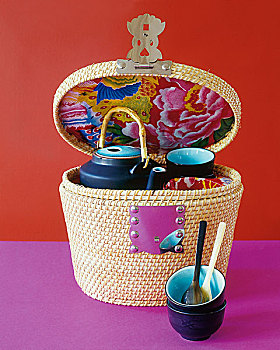 茶具,藤条,篮子,粉色,红色背景