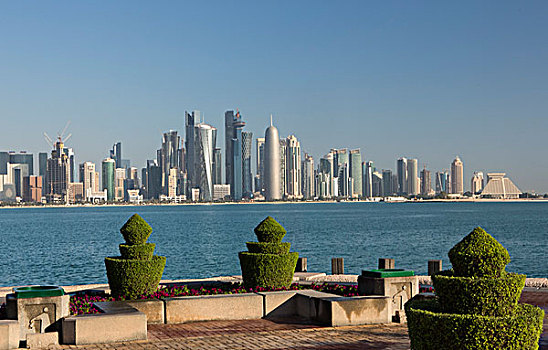 卡塔尔,多哈,城市,滨海路,西部,湾,天际线
