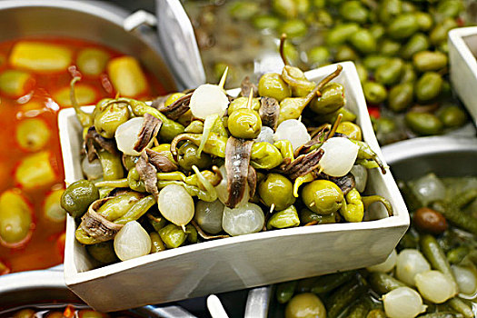 盘子,凤尾鱼,洋葱,橄榄,胡椒,市场,西班牙