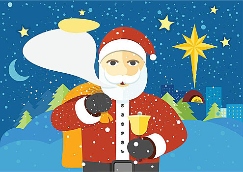 高兴,圣诞老人,对话气泡框,文字,包,礼物,铃,愿望,圣诞快乐,城市,冬季风景,背景,星,伯利恒,天空,矢量