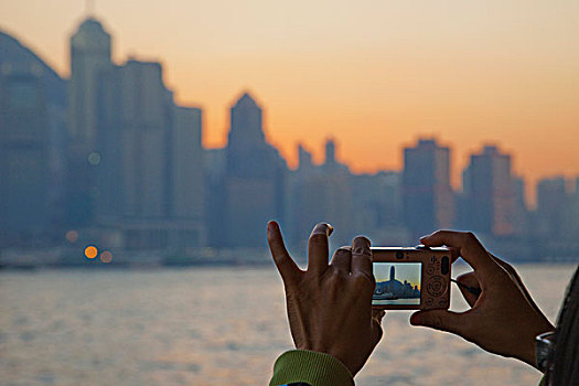 女人,照相,城市天际线,维多利亚,香港,中国