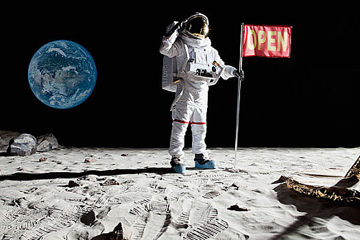 宇航员,月亮,敬礼,靠近,旗帜