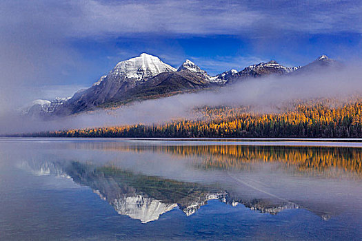雾,举起,彩虹,顶峰,湖,秋天,冰川国家公园,蒙大拿,美国