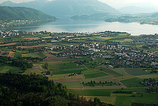 航拍,城镇,靠近,湖,瑞士