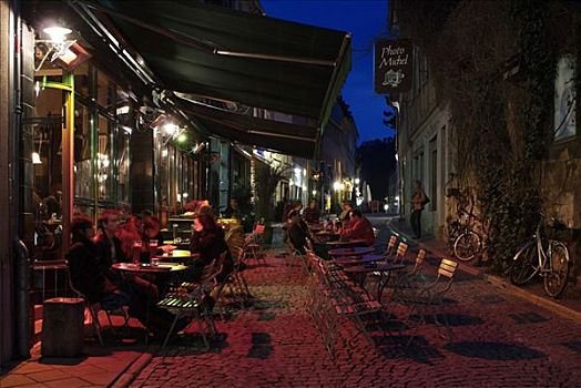 街头咖啡馆,晚上,夜景,耶拿,图林根州,德国,欧洲