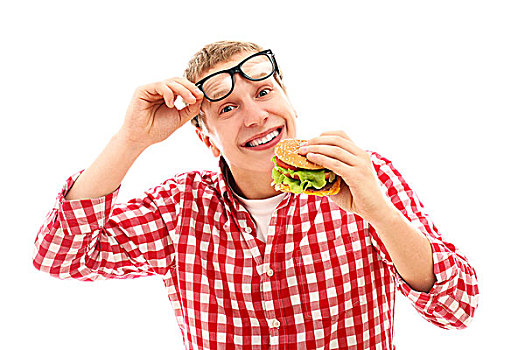 有趣,男人,眼镜,吃饭,汉堡包