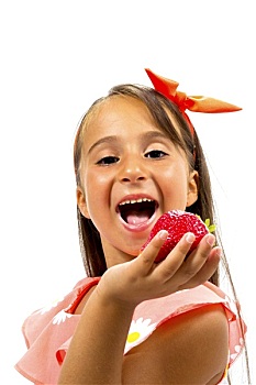 美女,小女孩,草莓,姿势,微笑