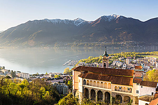 风景,马焦雷湖,朝圣教堂,圣母玛利亚,提契诺河,瑞士,阿尔卑斯山