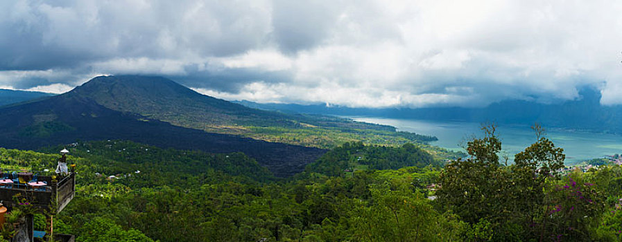 全景,上方,湖,巴图尔,火山,靠近,京打马尼,乡村,巴厘岛,印度尼西亚