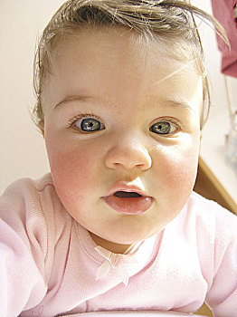 婴儿,头像,孩子,女孩,幼儿,9个月,脸,眼睛,看镜头,蓝眼睛,专注,惊奇,广角