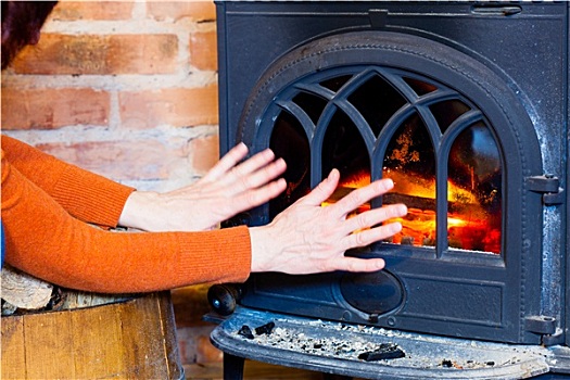 女人,温暖,火,壁炉,室内,加热