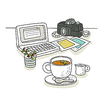 柠檬茶,笔记本电脑,照相机,背景