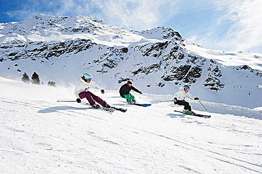 滑雪者,滑雪,一起,斜坡