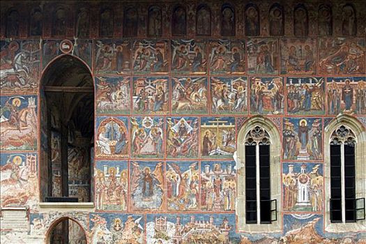 户外,壁画,教堂,世界遗产,南方,摩尔多瓦,罗马尼亚,欧洲