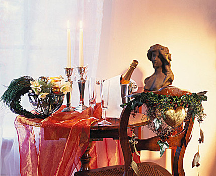圣诞桌,装饰,圣诞玫瑰,冷杉,香槟