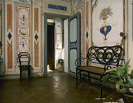 房间,意大利,别墅,涂绘,墙壁,铁,长椅