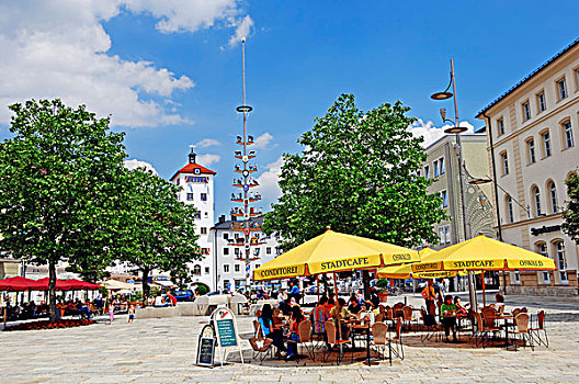 街边咖啡厅,马尔克特广场,塔,巴伐利亚,德国,欧洲