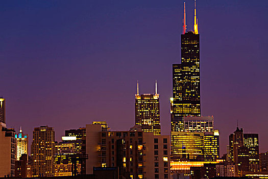 芝加哥,摩天大楼,希尔斯大厦,夜晚