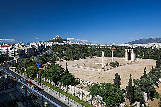 中心,希腊,雅典,俯视图,寺庙,奥林匹亚宙斯神庙