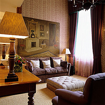 沙龙,软垫,沙发,土耳其,正面,窗户,台灯,老式,书桌