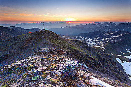 日出,顶峰,帐蓬,山,提洛尔,奥地利,欧洲