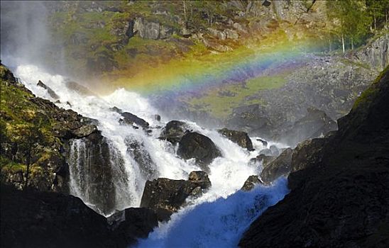 彩虹,上方,瀑布,霍达兰,挪威,斯堪的纳维亚