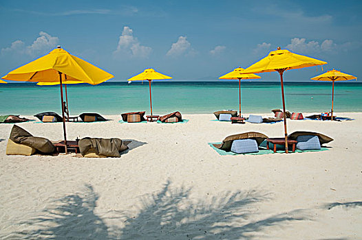 黄色,沙滩伞,枕头,椅子,海滩,泰国