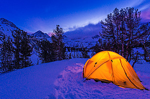 冬天,露营,黄昏,荒野,内华达山脉,加利福尼亚,美国