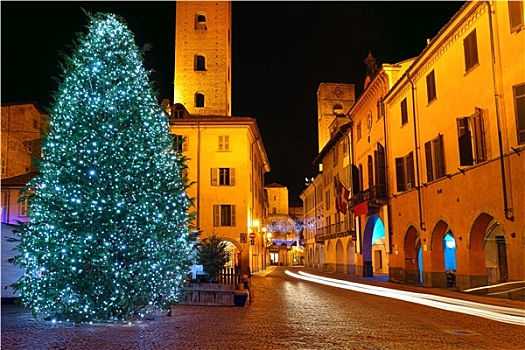 光亮,圣诞树,城市,中心,广场,城镇,阿尔巴,意大利
