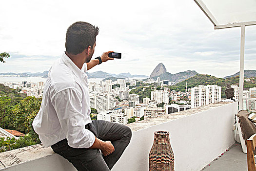 男人,照相,平台,面包山,背景,巴西