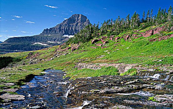 美国,蒙大拿,冰川国家公园,溪流,沉积,层次,山,远景,靠近,大幅,尺寸