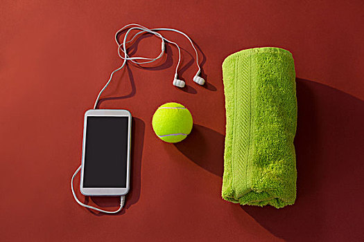 俯视,网球,餐巾,手机,耳机,栗色,背景