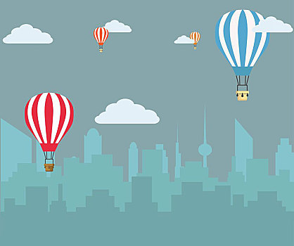 热气球,飞跃,城镇,矢量