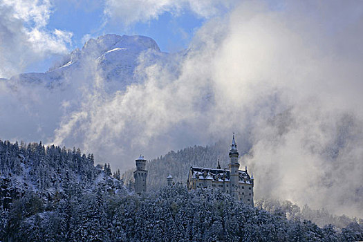 德国,巴伐利亚,新天鹅堡,冬天,晨雾,史旺高,靠近,福森,背景