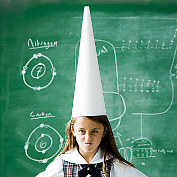 女孩,教室,站立,正面,黑板,穿,高帽