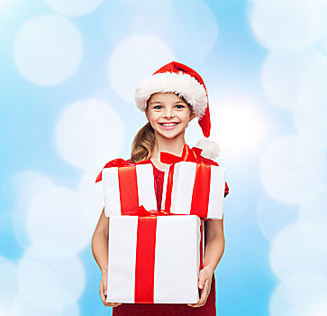 休假,礼物,圣诞节,孩子,人,概念,微笑,小女孩,圣诞老人,帽子,礼盒,上方,蓝色,背景