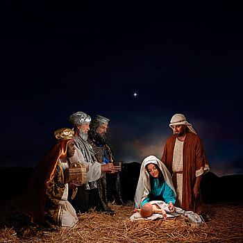 圣诞节,基督降生场景,三个,智慧,男人,展示,礼物,圣婴