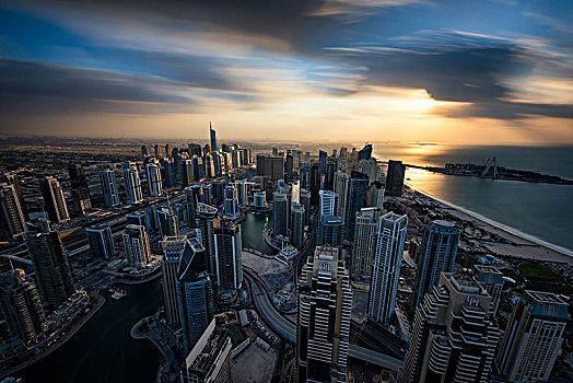 城市,迪拜,阿联酋,黄昏,摩天大楼,海岸线,波斯湾