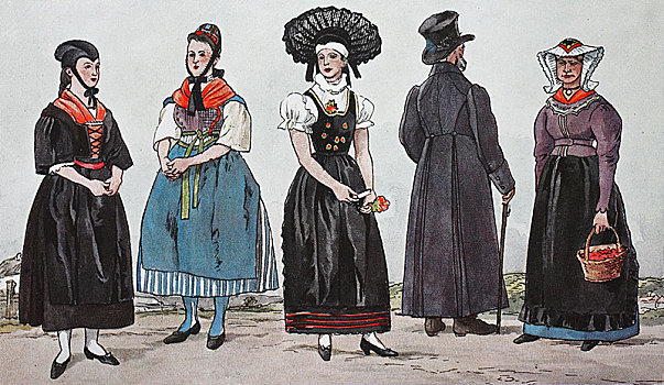 人,传统服装,时尚,衣服,德国,服饰,西里西亚,19世纪,插画,欧洲